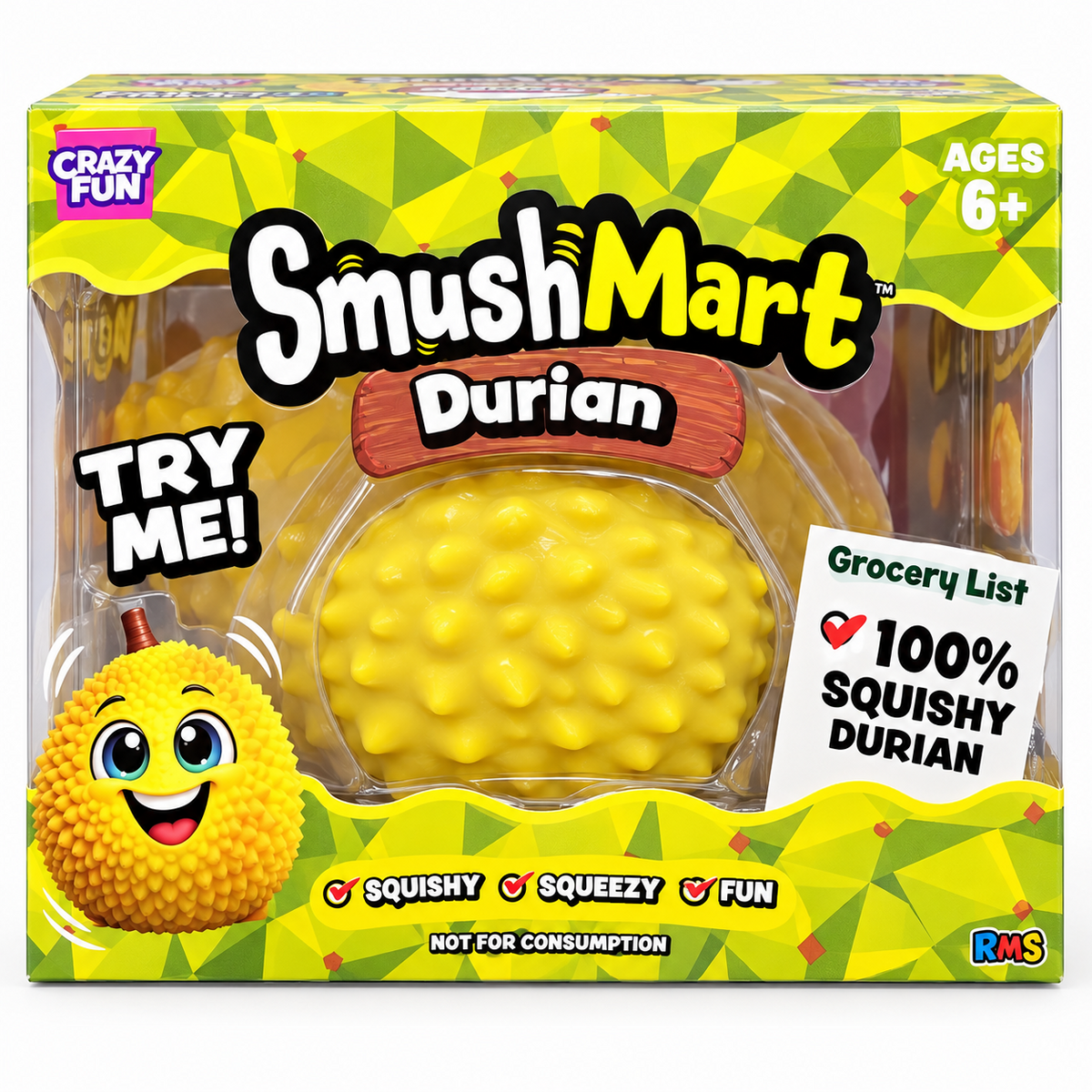 Crazy Fun RMS SmushMart Jumbo Durian yellow squishy toy in retail package