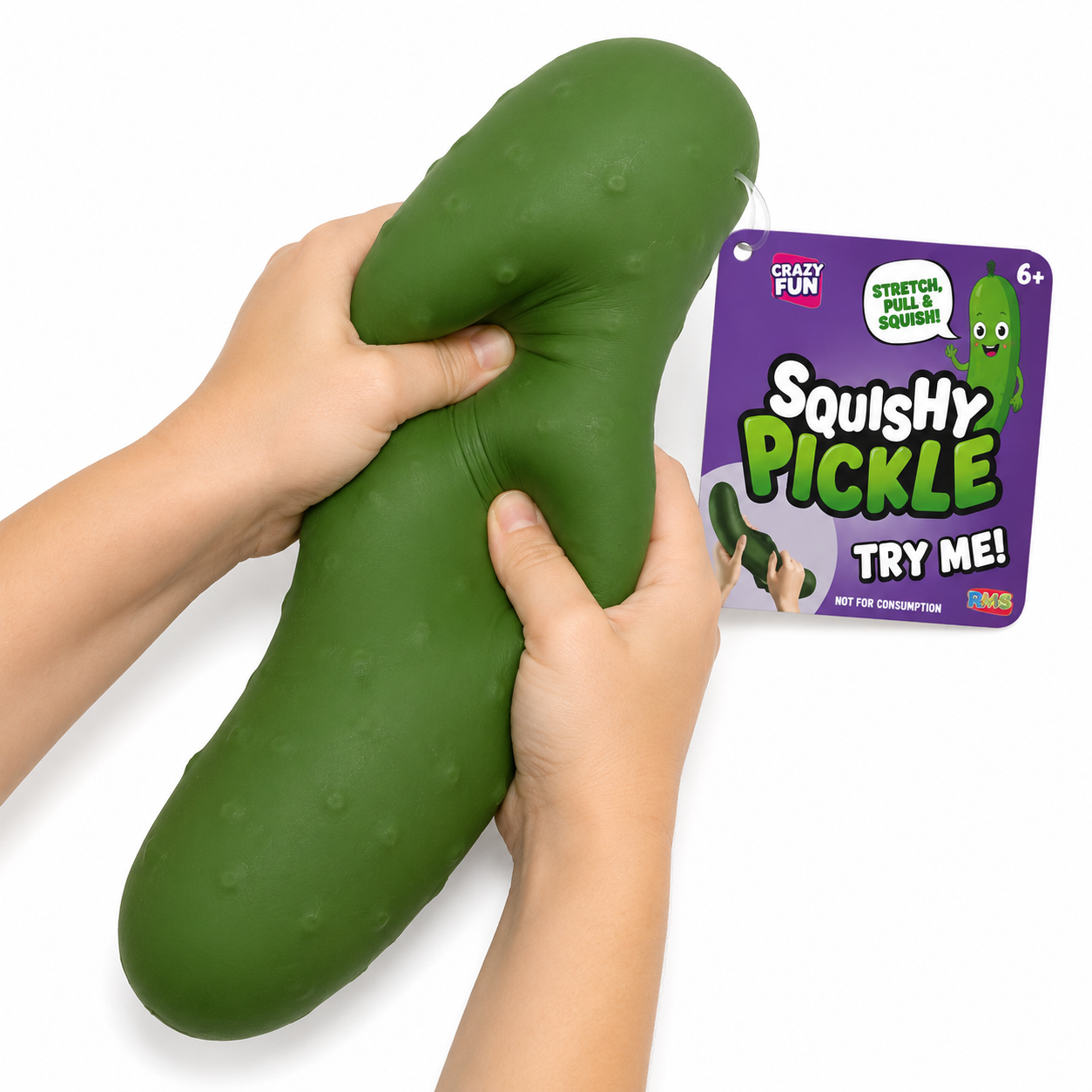 RMS SmushMart Giant Pickle 15 inch jumbo green stretchy sensory squishy toy being squeezed