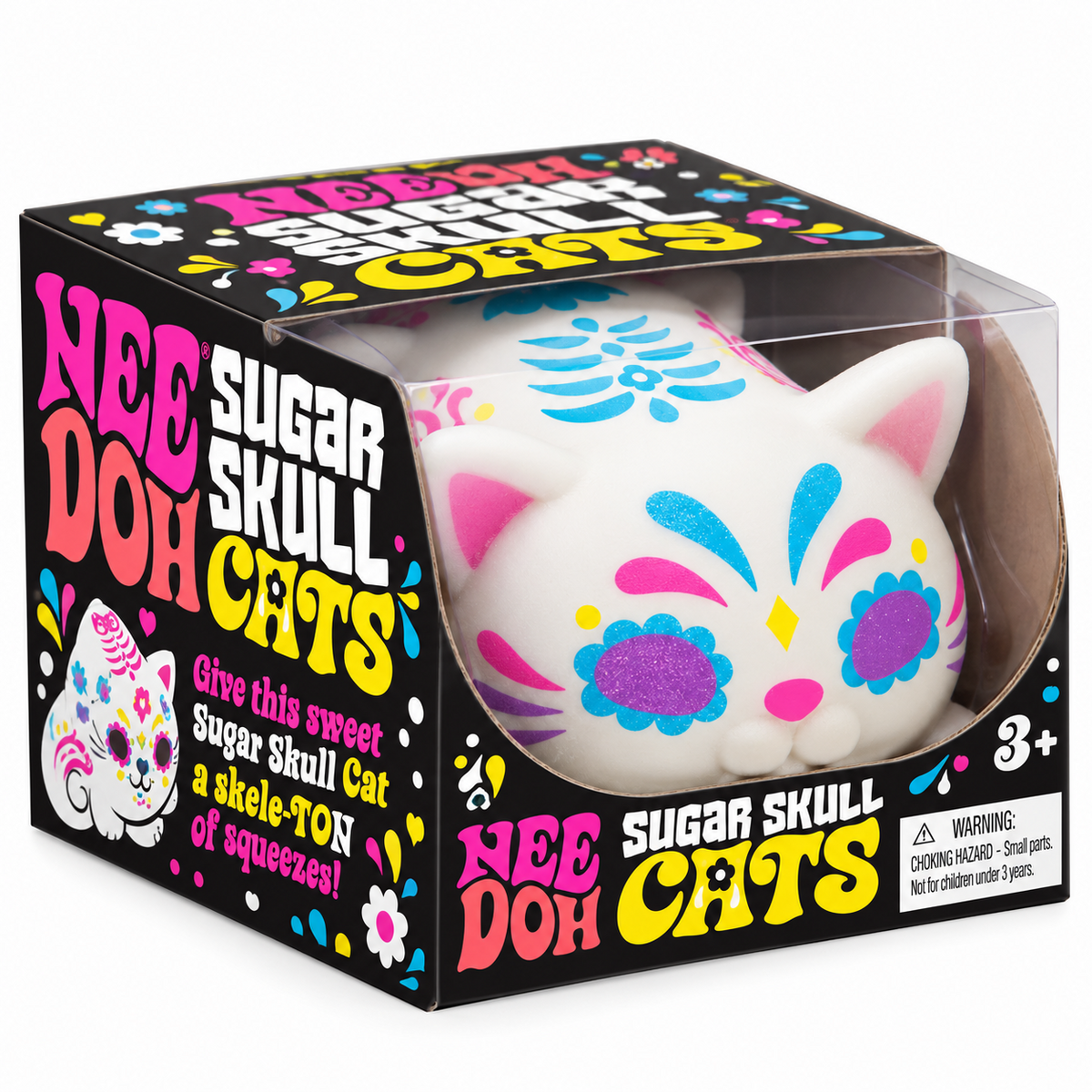 Schylling NeeDoh Sugar Skull Cat glow-in-the-dark sensory squishy with colorful sugar skull design