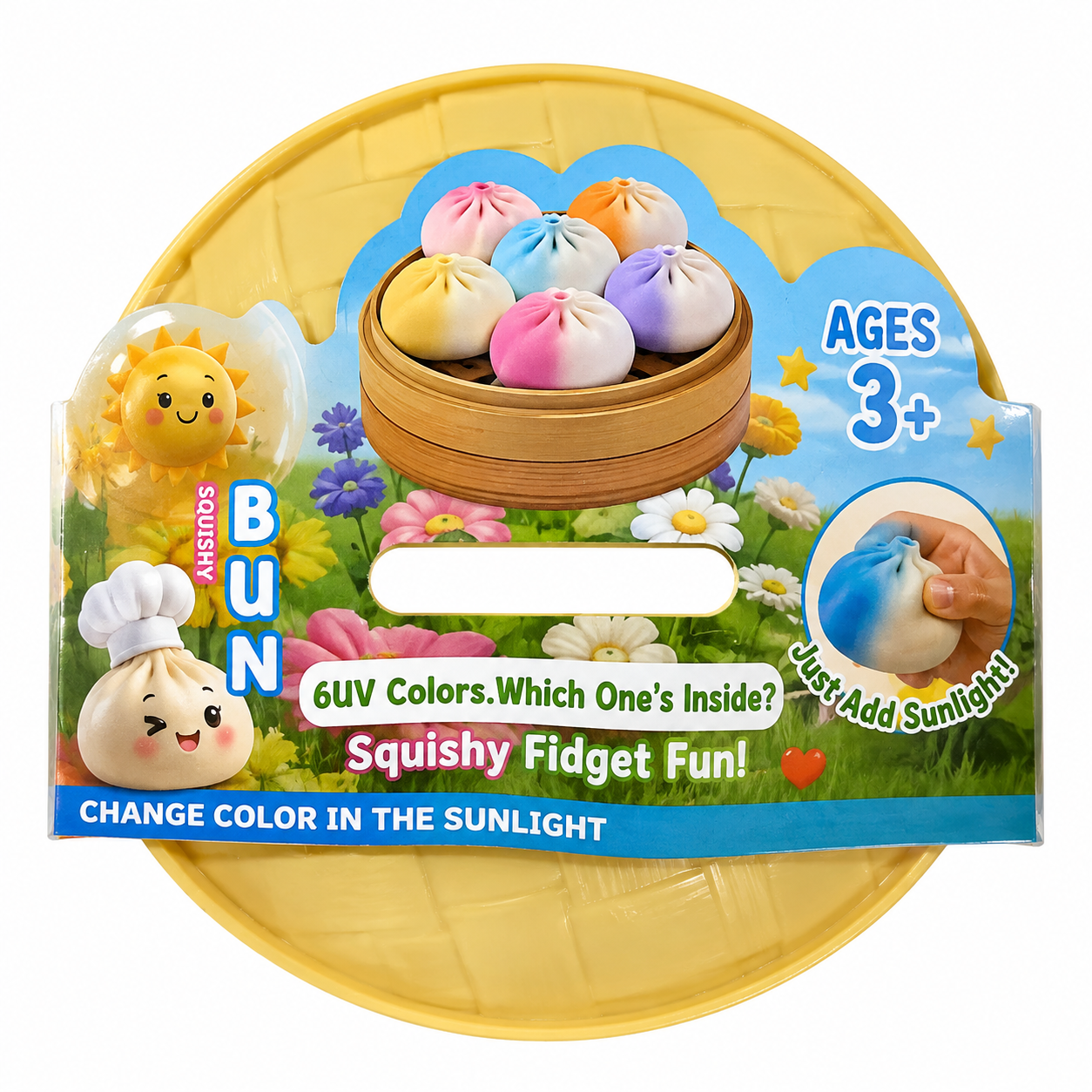 UV color changing mystery dumpling squishy sensory toy that changes color in sunlight, sold as one random mystery dumpling.