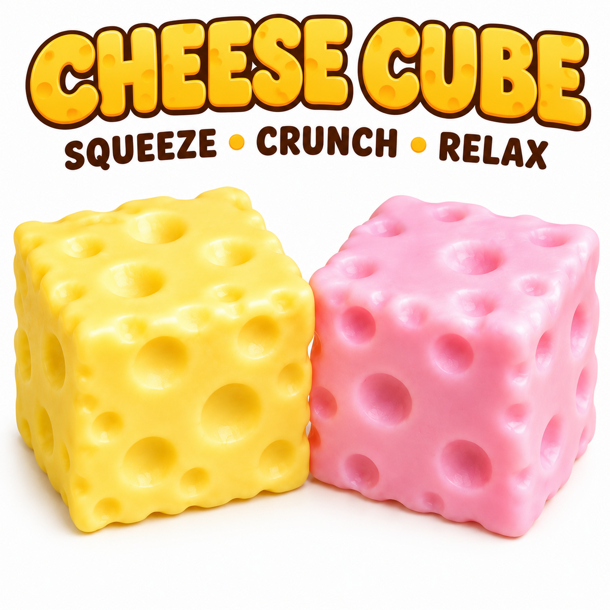 Yellow Crunchy ASMR Cheese Cube squishy sensory toy with cheese holes