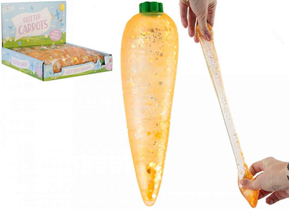 Glitter carrot squishy toy with sparkly orange design and slow-rise sensory texture