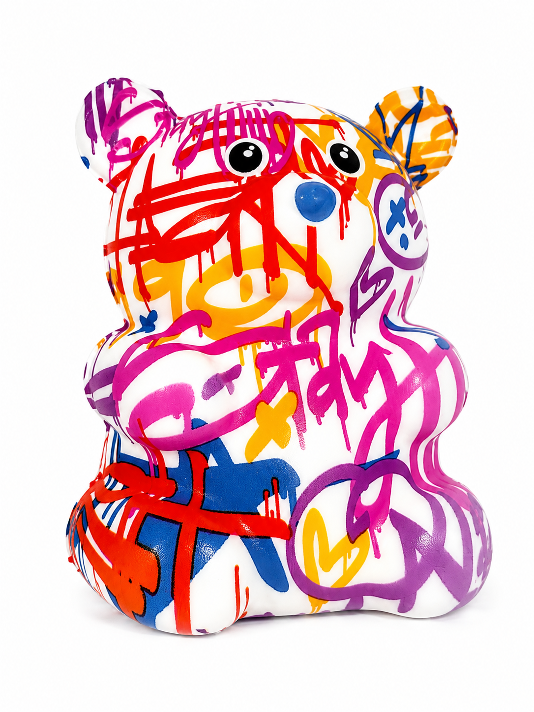 Graffiti Bear squishy with white base and colorful pink, red, orange, purple and blue graffiti design