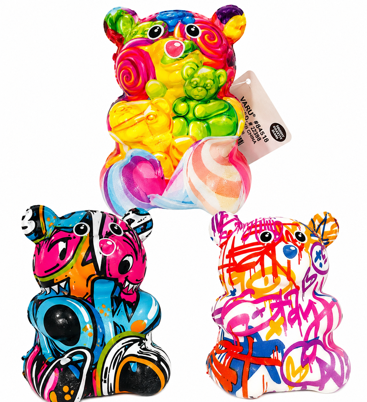 Graffiti Bear squishies featuring colorful candy, blue and pink street art, and white multicolor graffiti designs