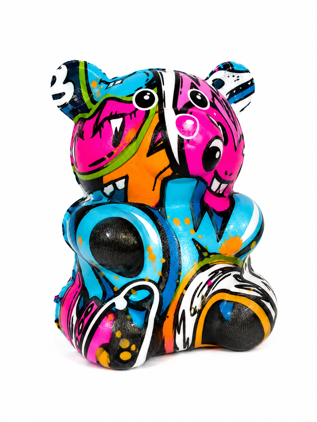 JA-RU Graffiti Bear squishy with black, pink, orange and blue street art design