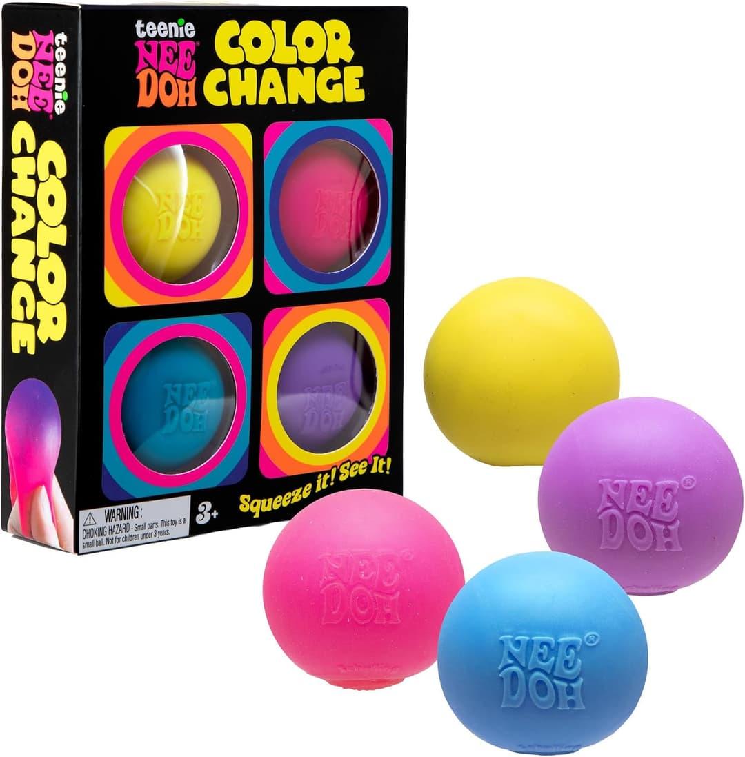 Authentic Schylling NeeDoh Teenie Color Change 4-Pack with four mini color-changing squishy sensory toys.