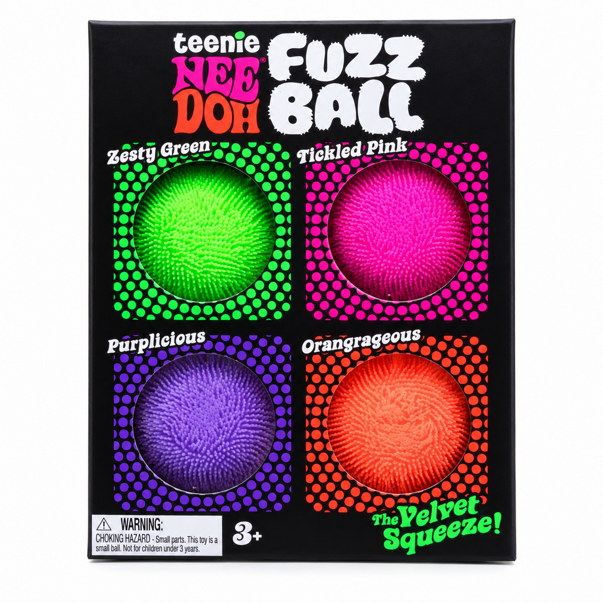 Schylling NeeDoh Teenie Fuzz Ball 4-Pack mini fuzzy sensory squishy toys in green pink purple and orange