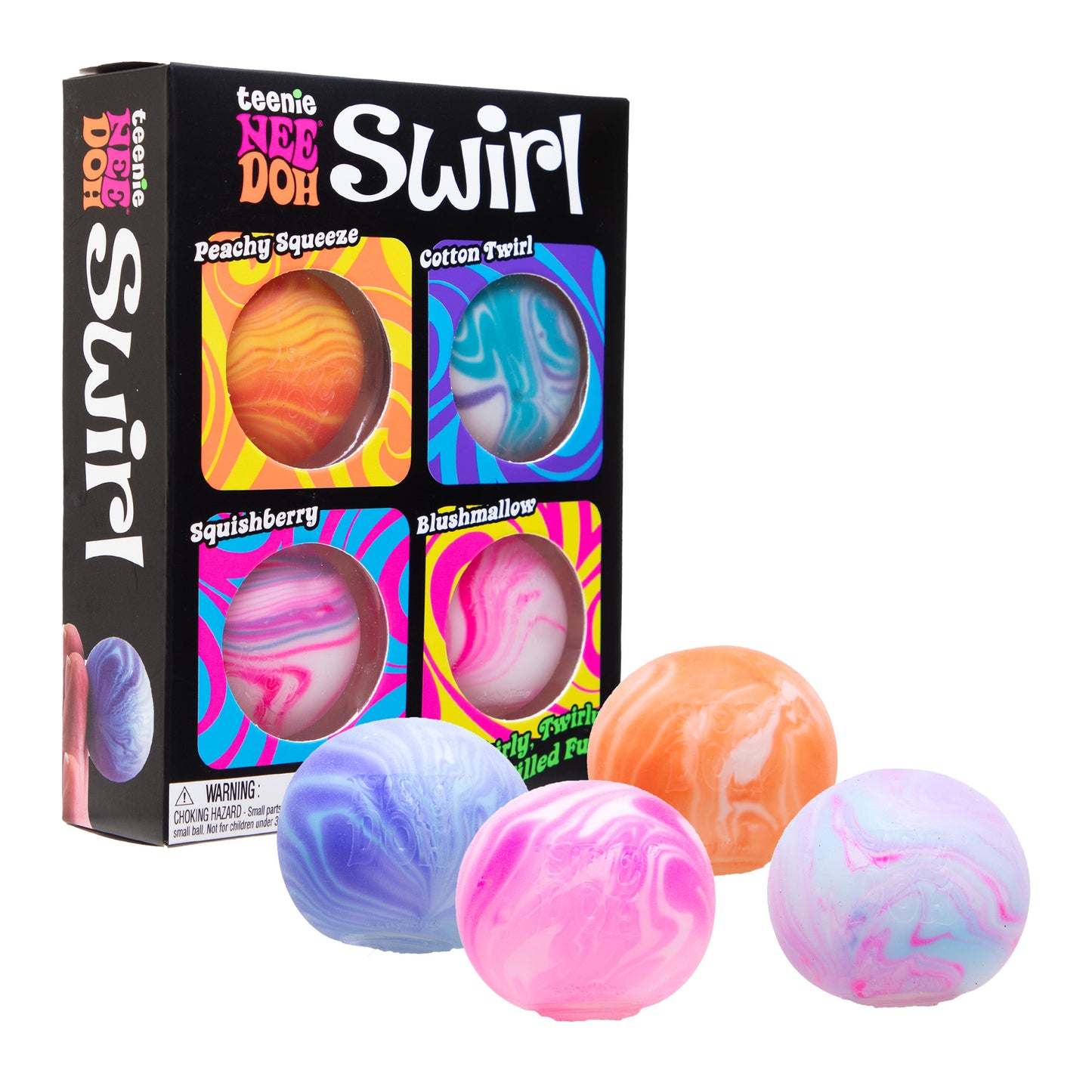 NeeDoh Teenie Swirl 4-Pack with four colorful mini swirled sensory squishy fidget toys