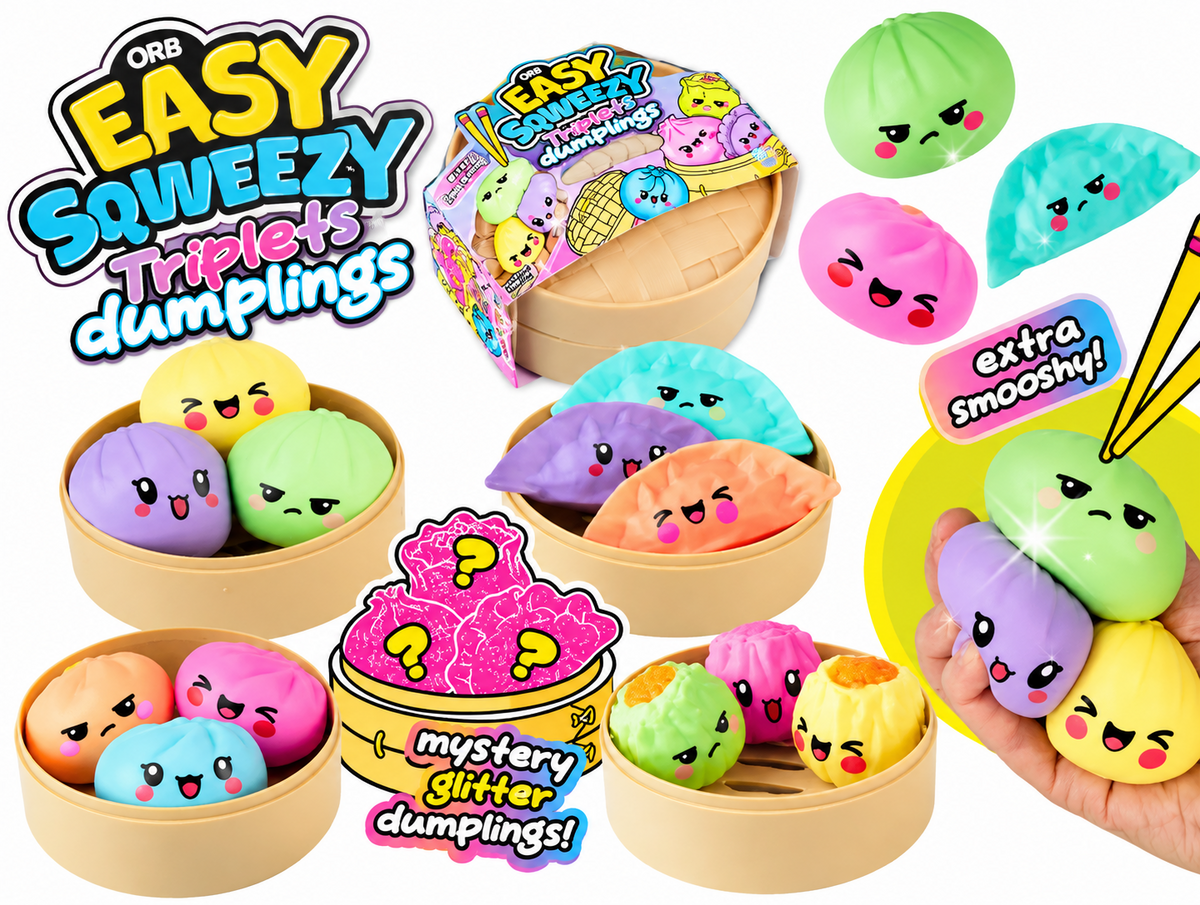 ORB Easy Sqweezy Triplets Dumplings mystery squishy sensory toys with three colorful dumplings