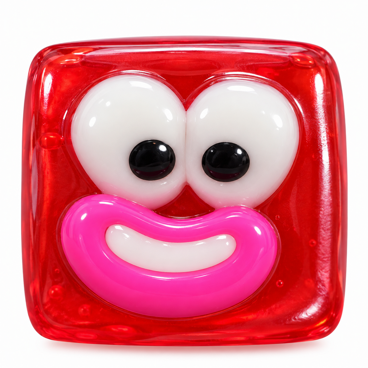 Red 2.5 inch Funny Face Maltose Cube squishy sensory toy with big eyes and pink smile