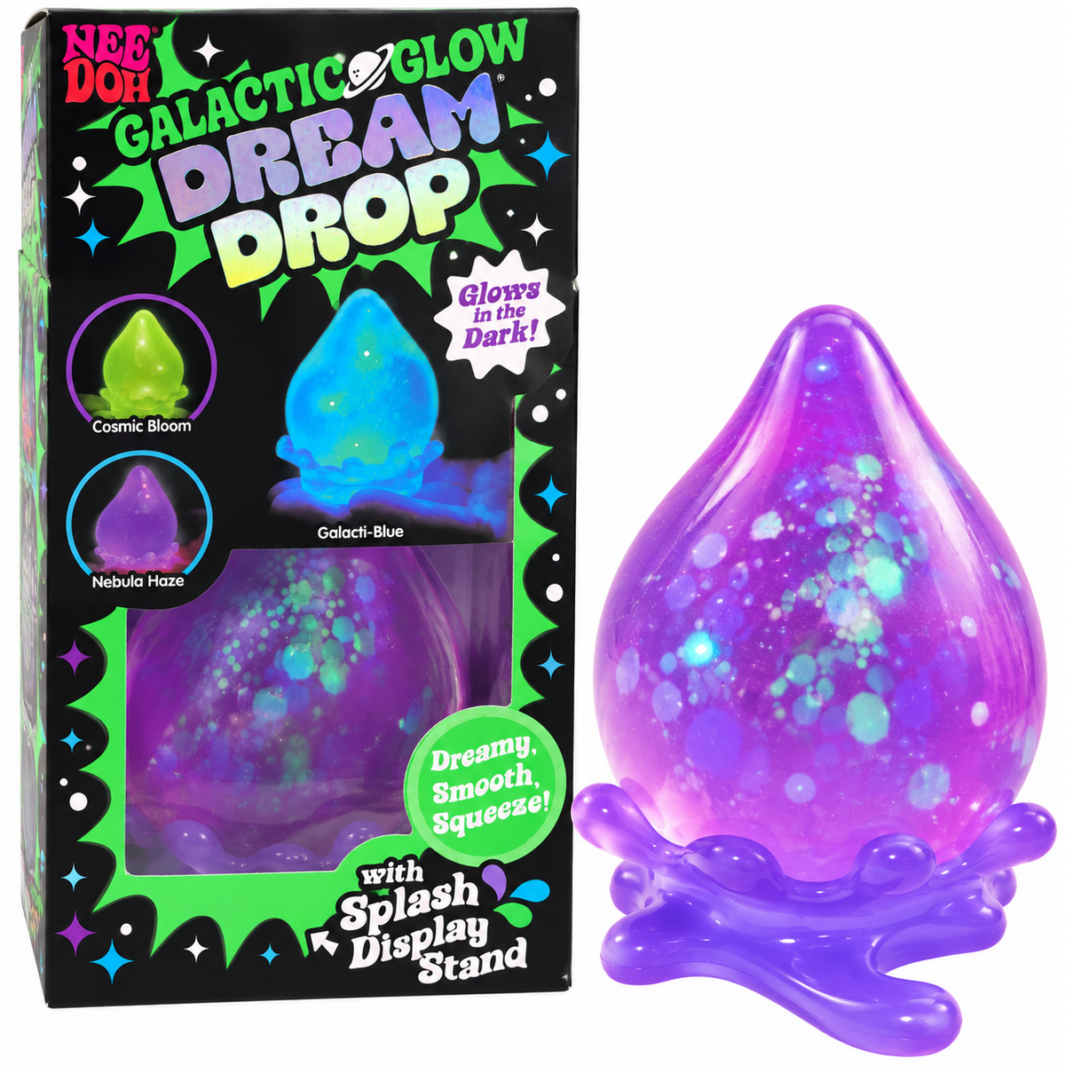 Schylling NeeDoh Galactic Glow Dream Drop glow-in-the-dark sensory squishy with Splash Display Stand