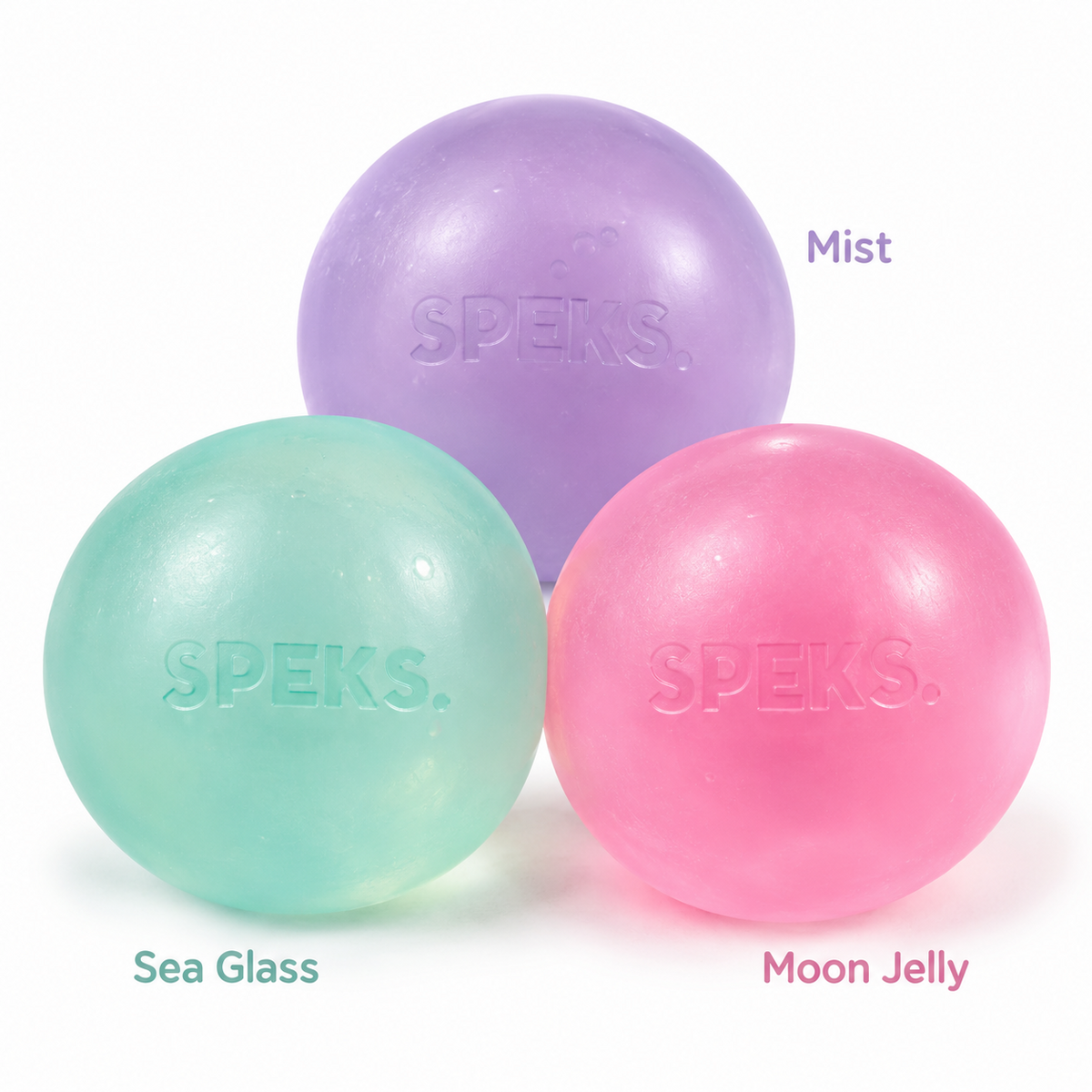 Speks Gump Ball memory gel squishy stress ball in Sea Glass, Moon Jelly and Mist
