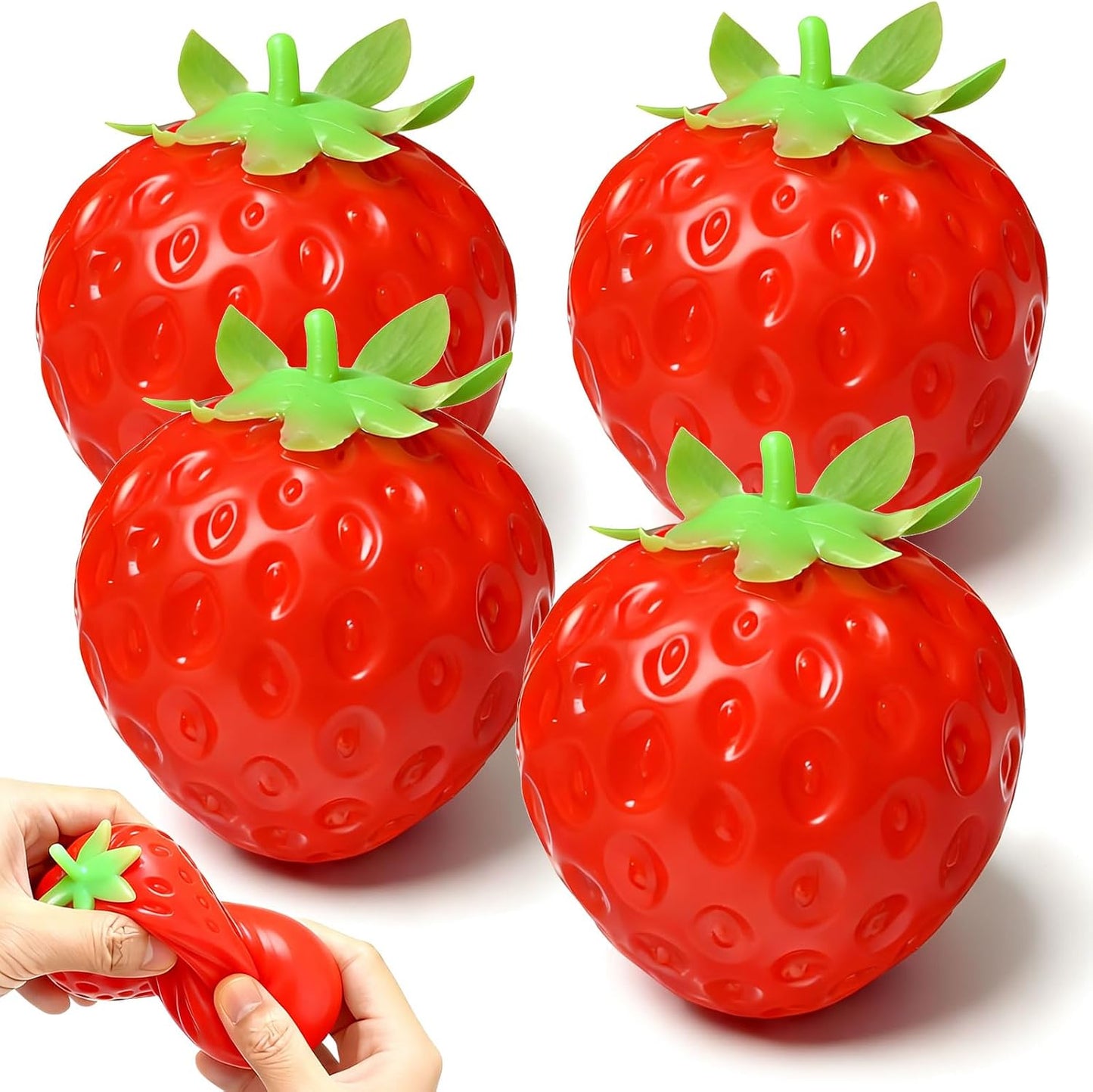 Strawberry squishy toy with bright fruit design and soft squeezable sensory texture