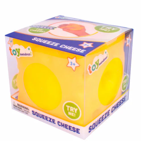 Toymendous Squeeze Cheese squishy sensory toy shaped like a yellow cheese wedge