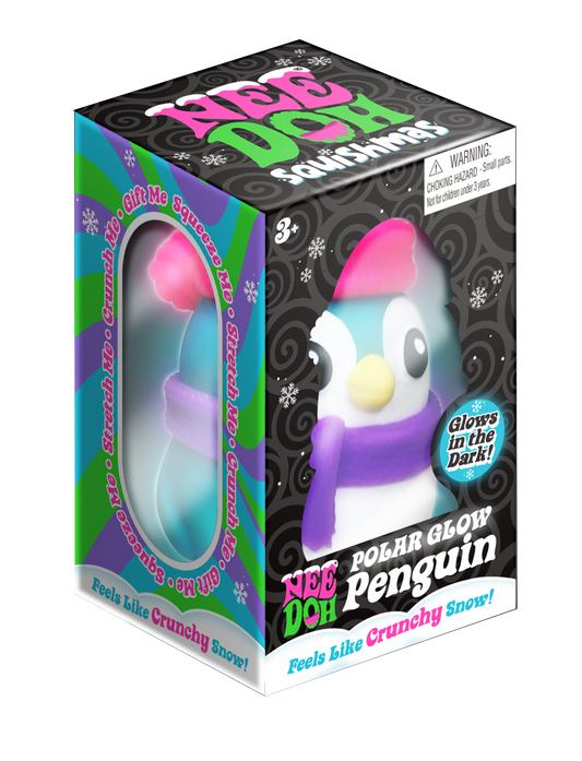Authentic Schylling NeeDoh Polar Glow Penguin – Glow-in-the-Dark Crunchy Squishy